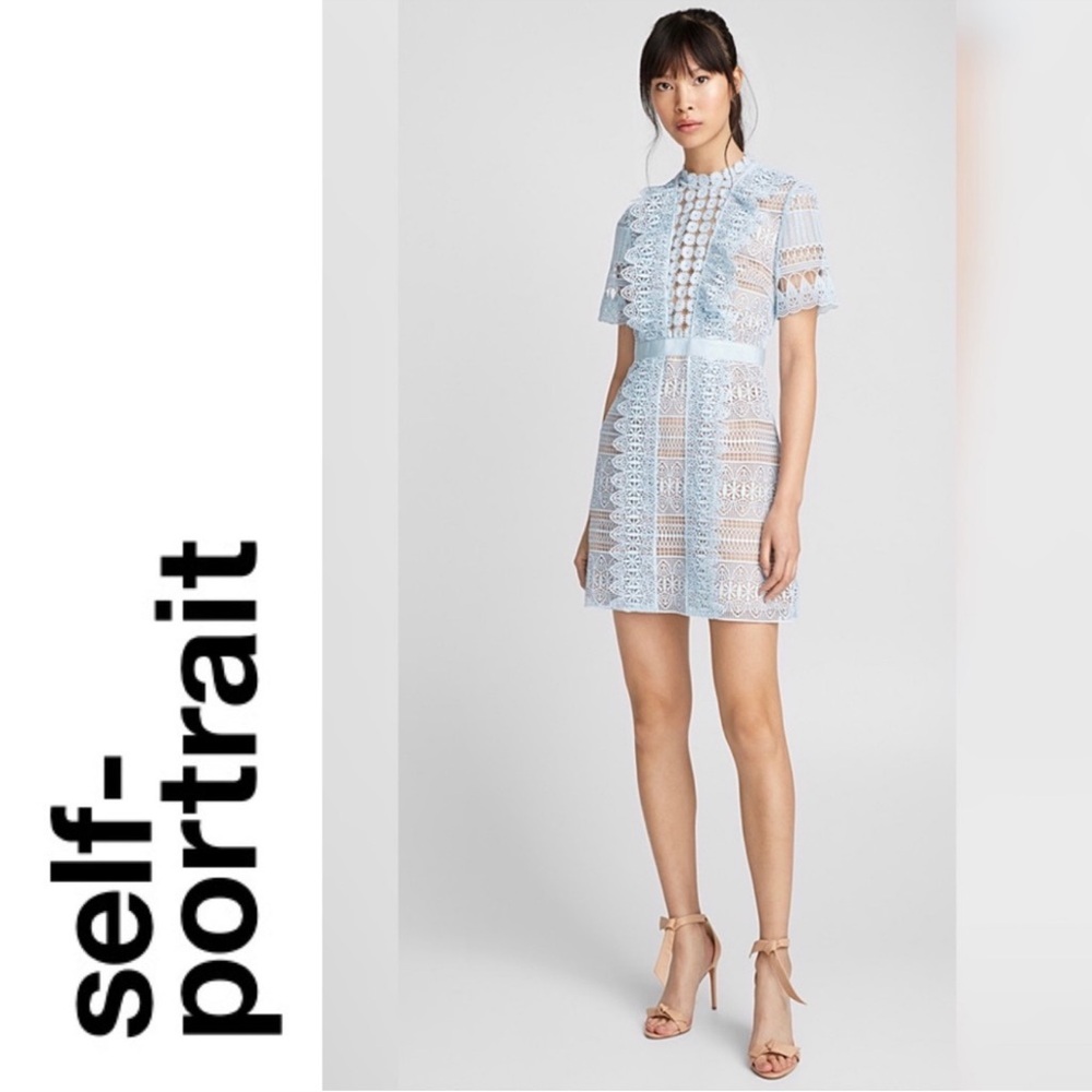 Self-Portrait Blue Spiral Panel Lace Mini Dress Guipure Size 4 - Picture 3 of 16